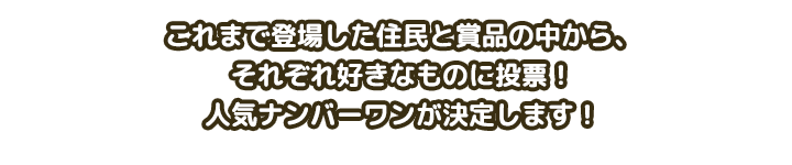 これまで登場した住民と賞品の中から、それぞれ好きなものに投票！人気ナンバーワンが決定します！