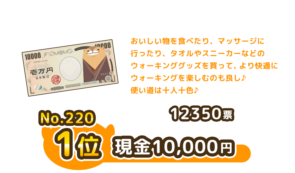 No.220 1位 現金10,000円 12350票 おいしい物を食べたり、マッサージに行ったり、タオルやスニーカーなどのウォーキンググッズを買って、より快適にウォーキングを楽しむのも良し♪使い道は十人十色♪