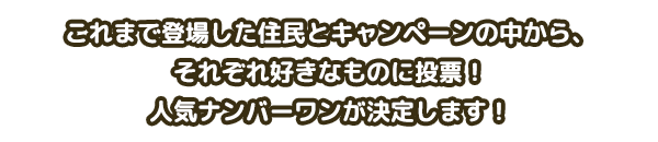 これまで登場した住民と賞品の中から、それぞれ好きなものに投票！人気ナンバーワンが決定します！