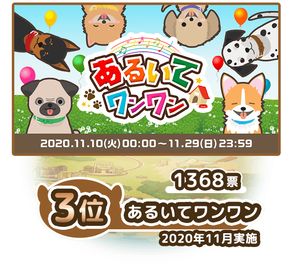 3位 あるいてワンワン 1368票 2020年11月実施