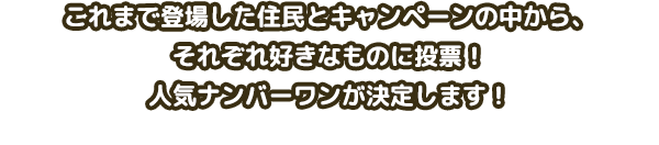 これまで登場した住民と賞品の中から、それぞれ好きなものに投票！人気ナンバーワンが決定します！