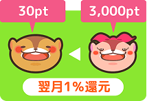 自分30pt お友達3000pt 翌月1%還元