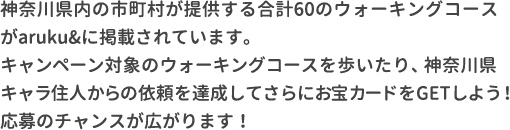 神奈川県内の市町村が提供する合計60のウォーキングコースがaruku&に掲載されています。キャンペーン対象のウォーキングコースを歩いたり、神奈川県キャラ住人からの依頼を達成してさらにお宝カードをGETしよう！応募のチャンスが広がります！