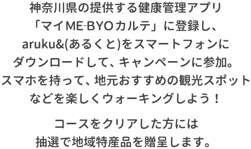 神奈川県の提供する健康管理アプリ「マイＭＥ‐ＢＹＯカルテ」に登録し、aruku&(あるくと)をスマートフォンにダウンロードして、キャンペーンに参加。スマホを持って、地元おすすめの観光スポットなどを楽しくウォーキングしよう！コースをクリアした方には、抽選で地域特産品を贈呈します。ウォーキングコースはアプリからご覧ください。