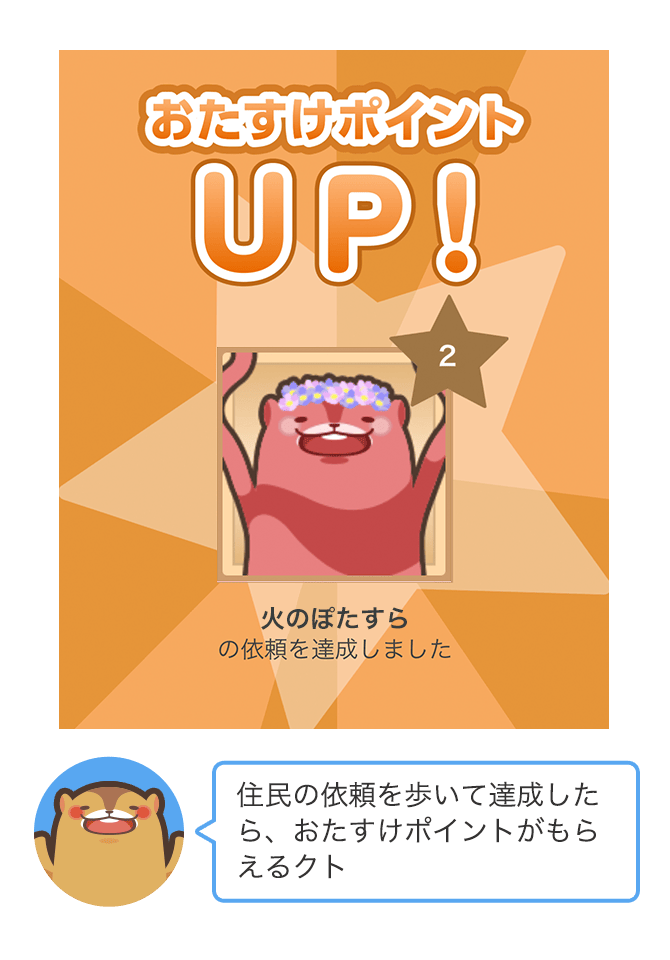 住民の依頼を歩いて達成したら、おたすけポイントがもらえるクト